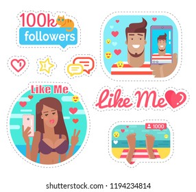 Blogger woman and man on vacation stickers set vector. Emoji and heart, chatting box and star, kitty sitting on followers banners. Streaming online