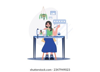 Blogger Woman Trying Food And Making Review