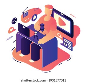Blogger work illustration. An elderly man sits at a microphone, a man is broadcasting online. Modern vector isometric illustration.