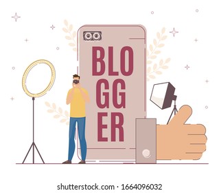 Blogger Work with Lighting Fixture for Good Result. Man Looking at Camera. Large Thumb up Sign. Maintaining Successful Blog Depend on Many Factor. Big Smartphone, Flat Illustration.
