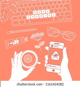Blogger work table. Personal blog illustration. Woman hand holding smartphone, and cup of tea. Vector illustration