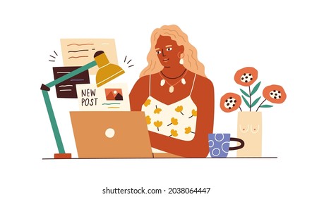 Blogger working with laptop, creating content for online blog. Creative copywriter writing new post for social media. Woman work in internet. Flat vector illustration isolated on white background