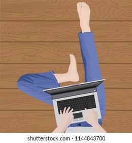 A blogger working with a laptop with a some space for text vctor illustration