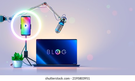 Blogger workplace. Streamer table with laptop, microphone, phone, led ring lamp on tripod, neon. Bright room of internet blogger in white colors. Home studio of stream video in social networking.