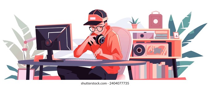 Blogger works. Freelancer behind monitor, IT specialist workplace, geek makes app, anime character, boy with glasses, vector illustration