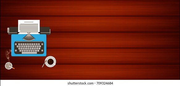 Blogger or writer template. Top view of workplace - typewriter, cup of coffee and cigarette. Vector illustration. Wooden table background.