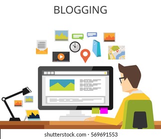 Blogger writing article. Blogging concept. Blog concept. Internet contents.