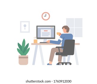 A blogger is writing an article on a computer while drinking a cup of hot coffee