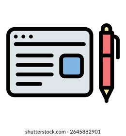 Ilustração em estilo de linha plana do ícone de escrita de blogueiro que representa a criação de posts e conteúdo digital, adequados para publicação online, marca pessoal e projetos de marketing de conteúdo