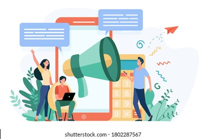 Bloggers Advertising Referrals. Young People With Gadgets And Loudspeakers Announcing News, Attracting Target Audience. Vector Illustration For Marketing, Promotion, Communication Concept