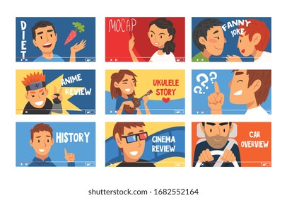 Bloggers Advertising Something and Giving Tutorials Vector Illustrations Set. Social Media Creators Concept