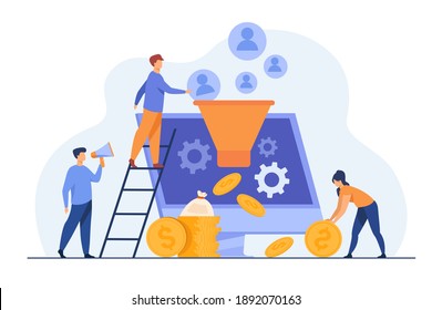 Bloggers attracting audience and getting money. Influencers generating new leads. SMM managers working on followers retention and inbound. Vector illustration for social media marketing concept