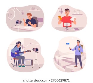 Blogueiros. Áudio vídeo e escrever conteúdo web caracteres de produção exata vetorial bloggers caracteres