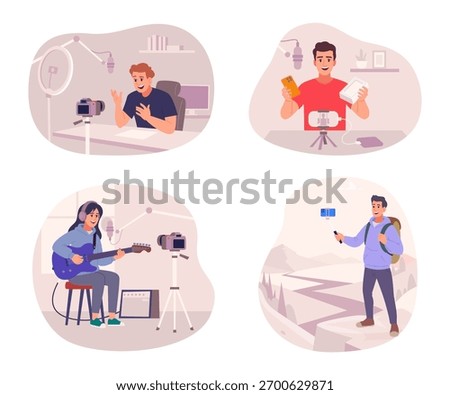 Bloggers. Audio video and write content web production characters exact vector bloggers characters