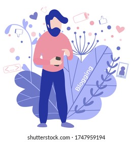 Bloggers, blogging, freelancer. Flat cartoon miniature illustration vector graphic on white background.