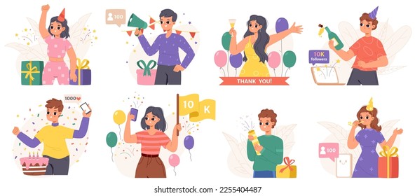 Bloggers celebrating and greetings new subscribers. Content makers, streaming young characters celebrate. Snugly thanks to followers party vector scenes