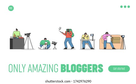 Bloggers channel template landing page. Cartoon video content makers with different vlogs. Team of creative young vloggers or social influencers. Popular media streamers vector illustration