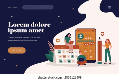 Blogueros con computadoras trabajando en estrategia y plan de contenido. Ilustración vectorial plana para promoción de medios sociales, campaña publicitaria, seo, concepto de blogueo