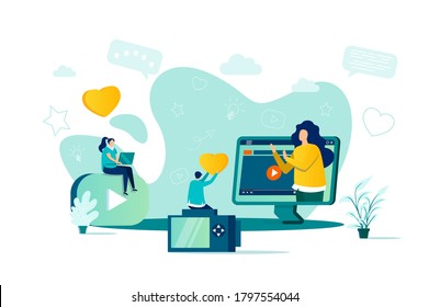 Bloggers concept in flat style. Online stream watching scene. Content production for social media, entertainment and education web banner. Vector illustration with people characters in situation.