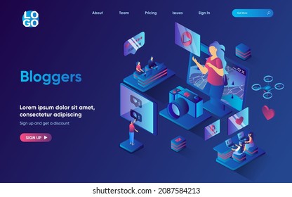 Bloggers concept isometric landing page. Team creates and publishes video content to blog, followers comment and like, 3d web banner template. Vector illustration with people scene in flat design