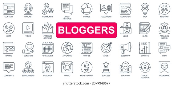 Bloggers concept simple line icons set. Bundle of content, podcast, comment, followers, personal brand, rating, donation, target and other. Vector pack outline symbols for website or mobile app design