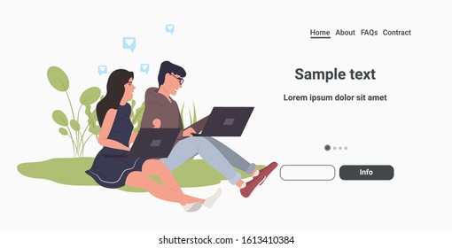 bloggers couple using laptop online communication social media network concept full length horizontal copy space vector illustration