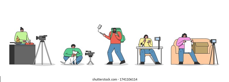Bloggers creating video content. Set of cartoon vloggers streaming live vlog on blog channels. Young men and women influencers film beauty, travel, unpacking and cooking video. Vector illustration