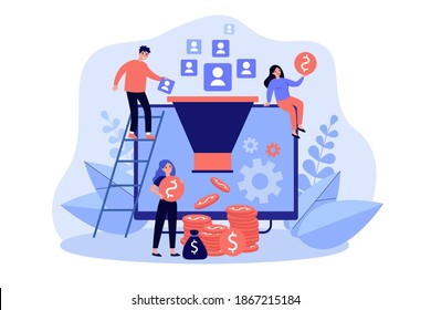 Bloggers generating new leads and getting money from inbound subscribers. Influencers funnel converting audience into income. Vector illustration for social media marketing, earning, blogging concept