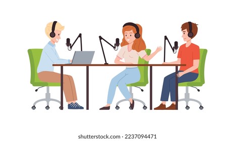 Bloggers group recording audio podcast or online show flat vector illustration isolated on white background. Interview or talk show online broadcast or record.