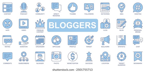 Bloggers icons set in duotone outline stroke design for web. Pack pictograms of content, podcast, community, direct message, thumbs, follower, keyword, idea, hashtag, hate, other. Vector illustration.