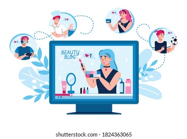 Bloggers and influencers with their video tutorials and reviews, flat cartoon vector illustration isolated on white background. Product promotion in social media.
