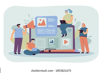 Bloggers and influencers writing articles and posting content. Blog authors using laptops, shouting at megaphone. For advertising on internet, SEO, marketing, online business concept