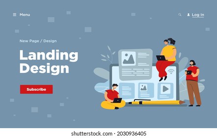 Bloggers and influencers writing articles and posting content. Blog authors using laptops, shouting at megaphone. For advertising on internet, SEO, marketing, online business concept