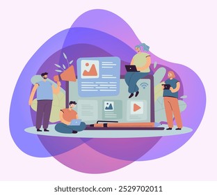 Bloggers and influencers writing articles and posting content. Blog authors using laptops, shouting at megaphone. For advertising on internet, SEO, marketing, online business concept