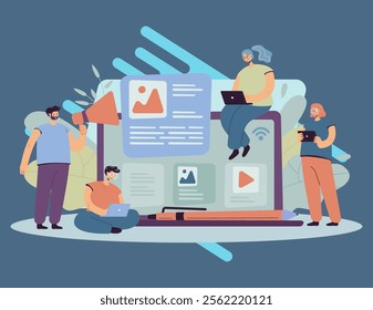 Bloggers and influencers writing articles and posting content. Blog authors using laptops, shouting at megaphone. For advertising on internet, SEO, marketing, online business concept