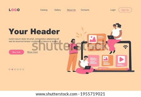 Bloggers and influencers writing articles and posting content. Blog authors using laptops, shouting at megaphone. For advertising on internet, SEO, marketing, online business concept