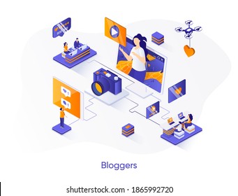 Banner isométrico de los bloggers. Producción de contenido para el concepto de isometría de medios sociales. Escena 3d de transmisión de video en línea, podcast que transmite diseño plano. Ilustración vectorial con caracteres de personas.