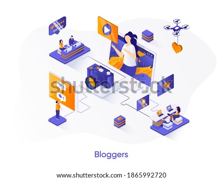 Bloggers isometric web banner. Content production for social media isometry concept. Online video streaming 3d scene, podcast broadcasting flat design. Vector illustration with people characters.