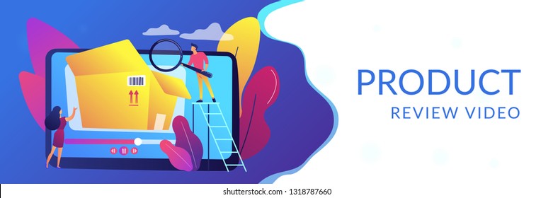 Bloggers with magnifier looking inside the box with new purchase video. Unboxing video, product review video, shopping device content concept. Header or footer banner template with copy space.