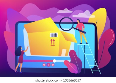 Bloggers with magnifier looking inside the box with new purchase video. Unboxing video, product review video, shopping device content concept. Bright vibrant violet vector isolated illustration