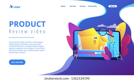 Bloggers with magnifier looking inside the box with new purchase video. Unboxing video, product review video, shopping device content concept. Website vibrant violet landing web page template.