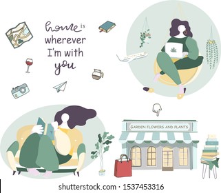 Bloggers with magnifier Set flat woman with plants. Reading, home work freelance and shopping device content concept. Mobile UI UX GUI template, app interface wireframe