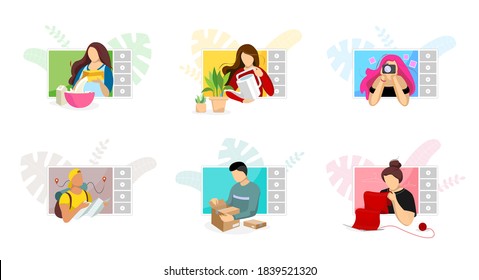 Bloggers making food and beauty lifestyle video content on screen. Social media unpacking and travel influencer vloggers channel set. Online education and fashion streaming tutorials and review vector