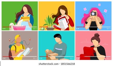 Bloggers making food and beauty lifestyle content on video player. Social media unpacking and travel influencer vloggers channel set. Online education and fashion streaming tutorials and review vector