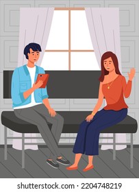 Bloggers man and woman recording video for blog. Video call podcast concept. People with smartphone talking to friend on screen at online meeting. Distance learning at educational platform with tablet