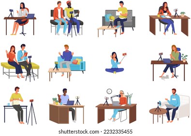 Bloggers man and woman recording video for blog. Video call podcast concept. People with smartphone talking to friend on screen at online meeting. Distance learning at educational platform with tablet