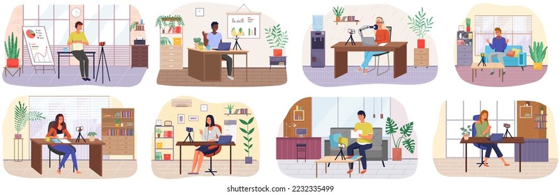 Bloggers man and woman recording video for blog. Video call podcast concept. People with smartphone talking to friend on screen at online meeting. Distance learning at educational platform with tablet