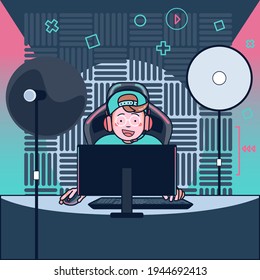 Bloggers play live games in their channels in a worldwide audience watch. Gaming bloggers are very popular with gamers. flat vector illustration design