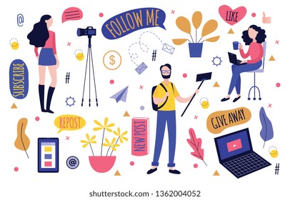 Bloggers recording video with camera or mobile phone and various decorative elements and templates for blogging - people streaming or leading online tutorial in flat isolated vector illustration.