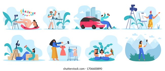 Bloggers review. Streaming online review, video blogger and content creators. Social media video channel concept vector illustration set. Vlog media, video content online, channel social